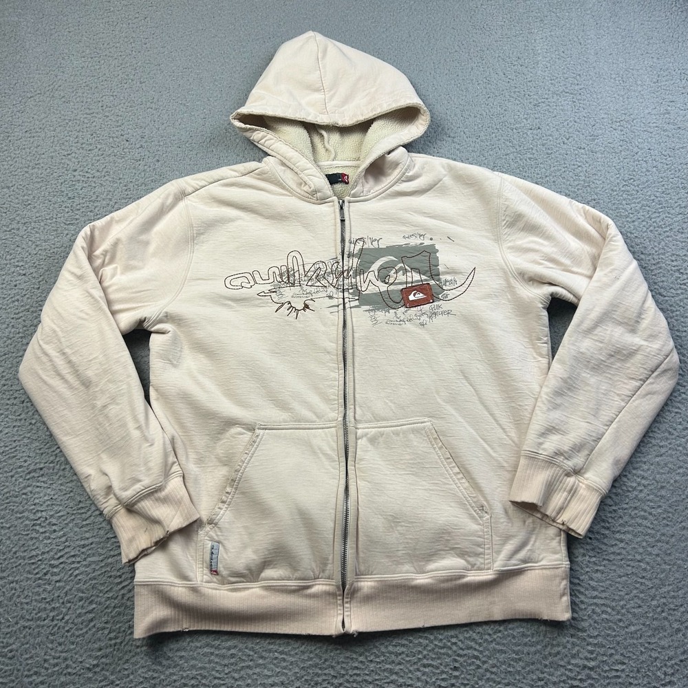 VTG Y2K Quiksilver Mens M Sherpa Lined Hoodie Graphic Skate Surf Grunge -FLAW
